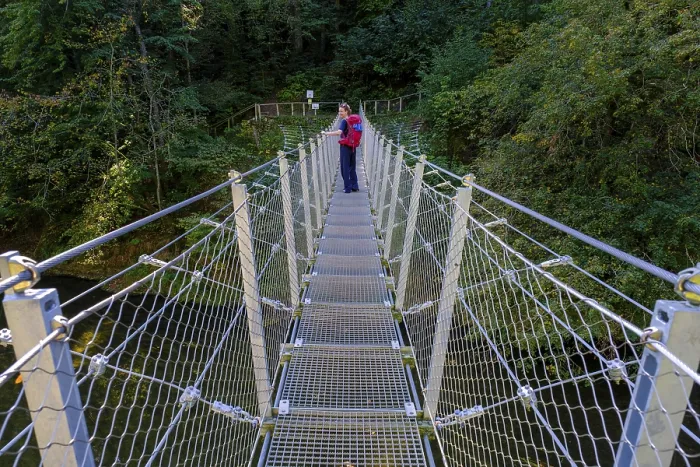 Framed Print : Hikers at the suspension bridge over the Danube Framed Print : Hikers at the suspension bridge over the Danube