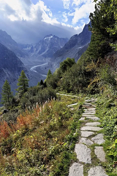 Framed Print : Hiking trail in autumn-colored surroundings with the Mer de Glace glacier