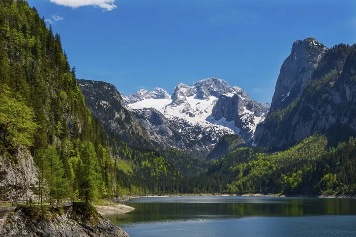 Framed Print : Hiking trail at the Gosausee, Dachstein massif