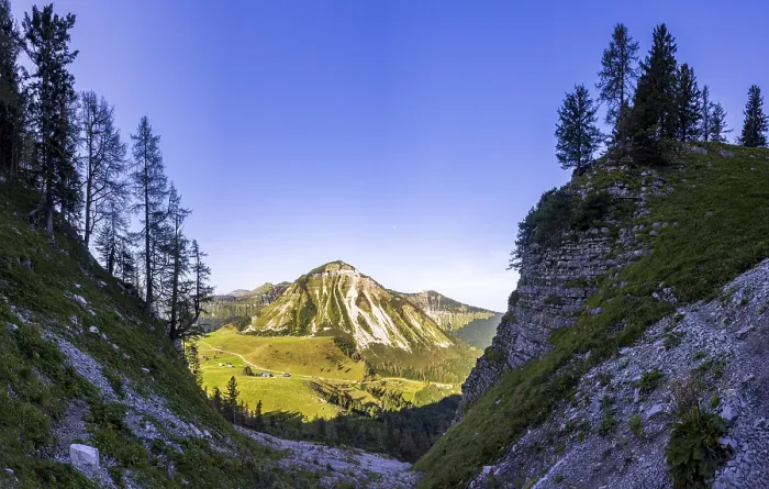 Framed Print : Hiking trail to the Holzeck with a view of the Genneralm and Gennerhorn