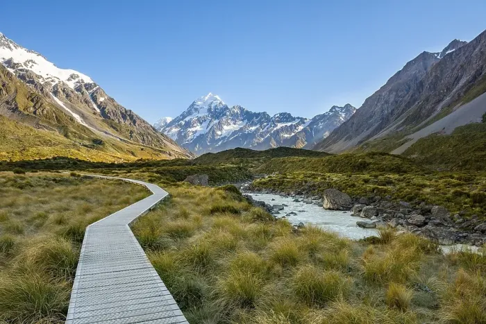 Framed Print : Hiking trail in Hooker Valley with Mount Cook Framed Print : Hiking trail in Hooker Valley with Mount Cook