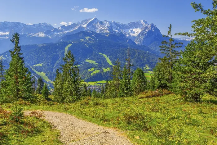 Framed Print : Hiking trail on the Wank 1780m with views of the valley and Zugspitze group 2962m