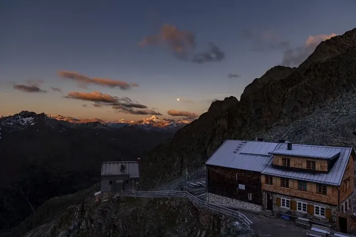 Framed Print : Hildesheimer Hut at blue hour with Oetztal Alps Framed Print : Hildesheimer Hut at blue hour with Oetztal Alps