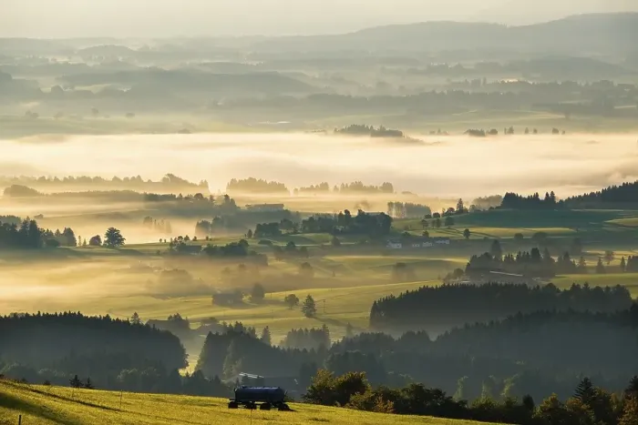 Framed Print : Hilly landscape with morning fog