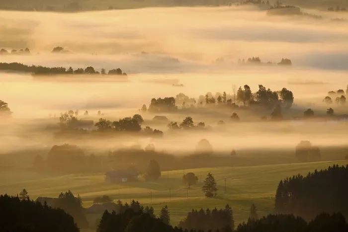 Framed Print : Hilly landscape with morning fog