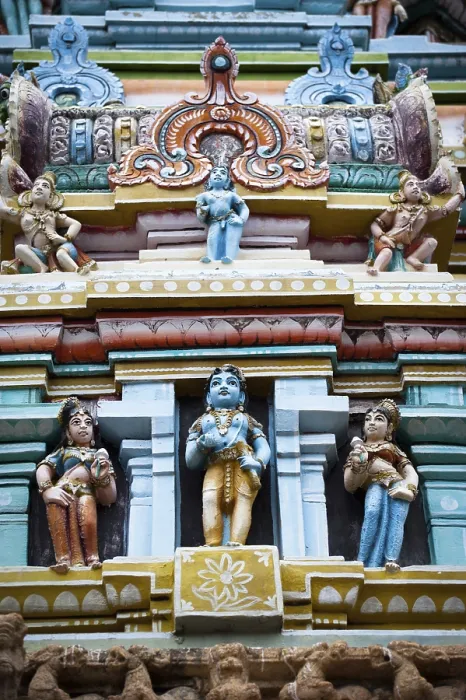 Framed Print : Hindu religious art. Ancient statue pantheon of Gods at Temple gopura (tower) facade