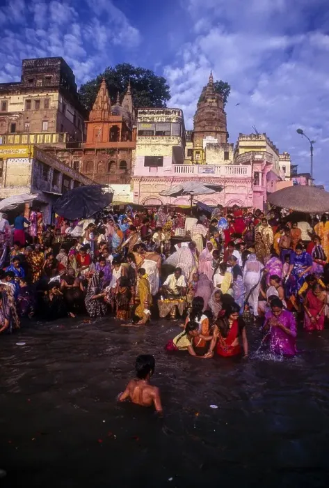 Framed Print : Hindu religious morning rituals in the Ganges Ganga River