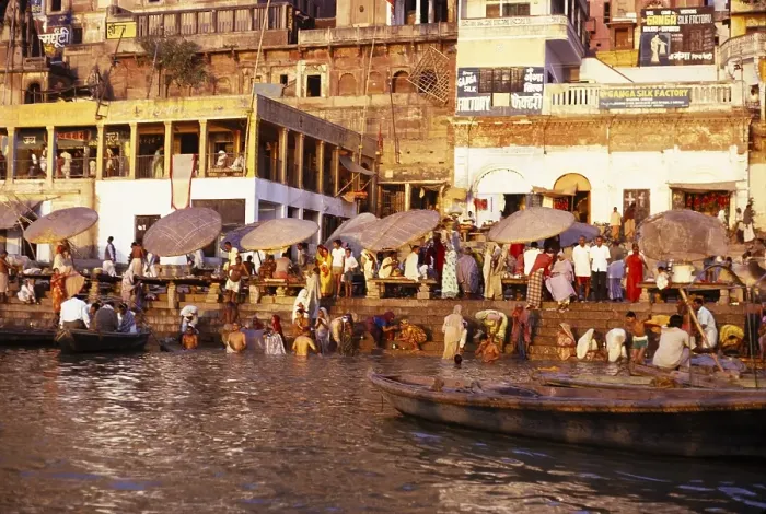 Framed Print : Hindus bathing in the holy river Ganges in Varanasi, India, 1974, Asia