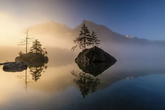 Framed Print : Hintersee lake with morning fog at sunrise Framed Print : Hintersee lake with morning fog at sunrise