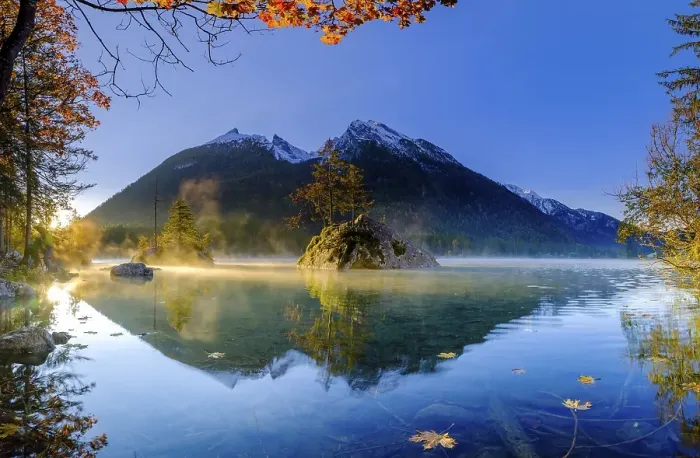 Framed Print : Hintersee with morning fog at sunrise