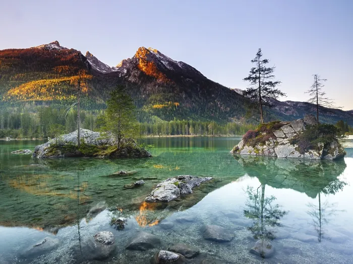 Framed Print : Hintersee in the morning, behind the peaks of the Hochkalter in the first sunlight