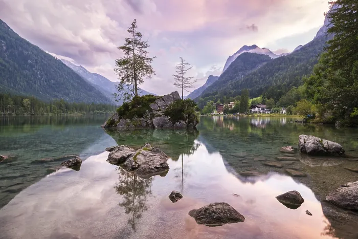 Framed Print : Hintersee with rocks and trees in the foreground Framed Print : Hintersee with rocks and trees in the foreground