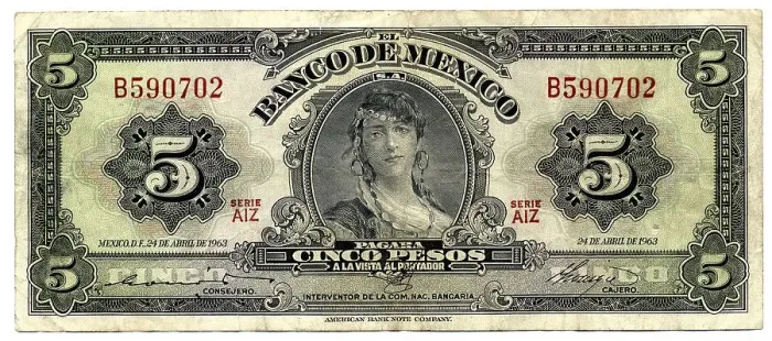 Framed Print : Historic banknote, 5 peso, Mexico