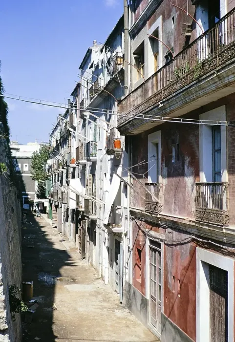 Framed Print : Historic building housing flats in terrace Ibiza town, Ibiza, Balearic Islands, Spain 1967