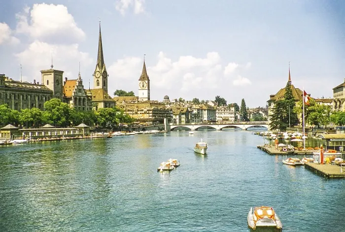 Framed Print : Historic buildings and cathedral bridge Bridge boats on the Limmat in the city centre, Zurich, Switzerland, Europe 1950s, Europe Framed Print : Historic buildings and cathedral bridge Bridge boats on the Limmat in the city centre, Zurich, Switzerland, Europe 1950s, Europe