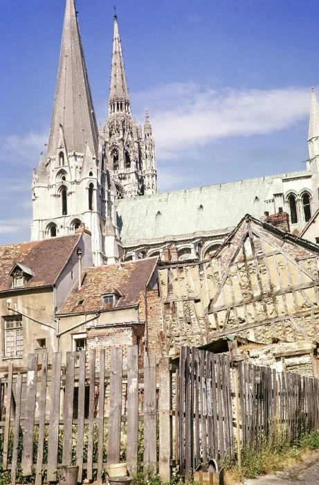 Framed Print : Historic buildings and cathedral church in Chartres, France 1964