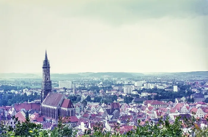Framed Print : Historic buildings in the city of Landshut, Bavaria, Germany in 1970
