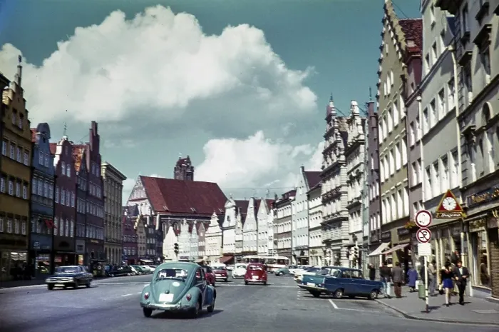 Framed Print : Historic buildings in the city of Landshut, Bavaria, Germany in 1970