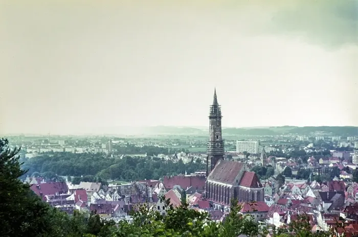 Framed Print : Historic buildings in the city of Landshut, Bavaria, Germany in 1970
