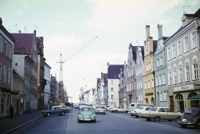 Framed Print : Historic buildings in the city of Landshut, Bavaria, Germany in 1970