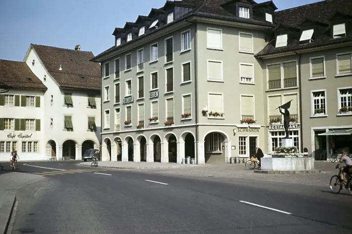 Framed Print : Historic buildings and Dornach fountain with statue, Dornach fountain, Rossmarktplatz, Solothurn, Switzerland, July 1959, Europe Framed Print : Historic buildings and Dornach fountain with statue, Dornach fountain, Rossmarktplatz, Solothurn, Switzerland, July 1959, Europe