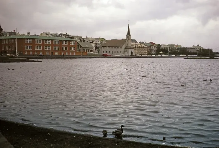Framed Print : Historic buildings around Frikirkja Church, Lake Tjornin, Reykjavik, Iceland 1972