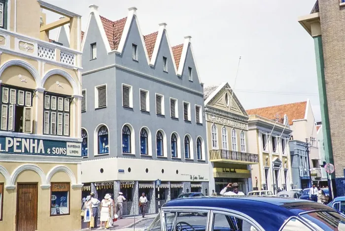 Framed Print : Historic buildings in the main shopping street, Willemstad, Curacao, Dutch Caribbean, early 1960s, South America