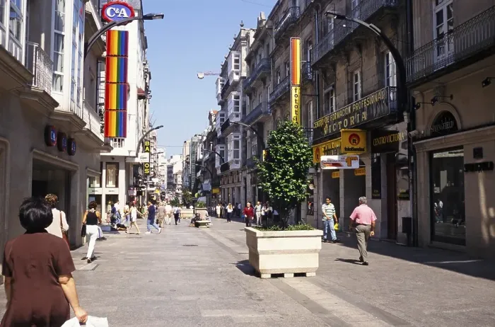 Framed Print : Historic buildings and shops in the pedestrian zone of the city centre, Vigo, Spain, 1999, Europe