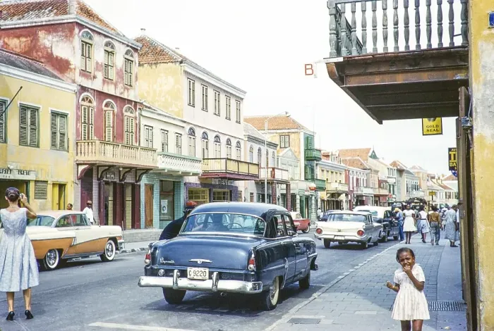Framed Print : Historic buildings in a street in the historic centre of Willemstad, Curacao, Dutch Caribbean, early 1960s, South America