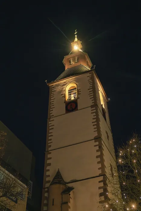 Framed Print : Historic church tower brightly lit at night