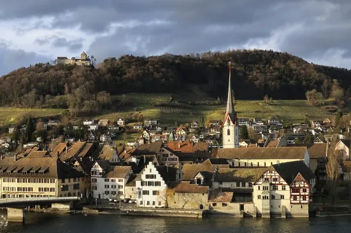 Framed Print : The historic city of Stein am Rhein with the castle Hohenklingen in the evening light