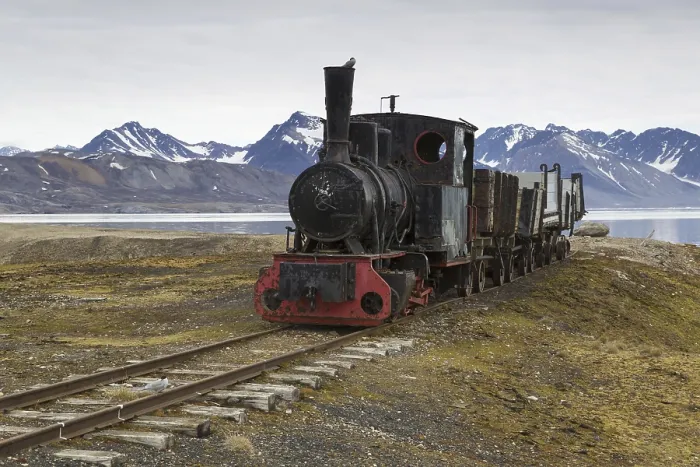 Framed Print : Historic coal mining stream train in tundra