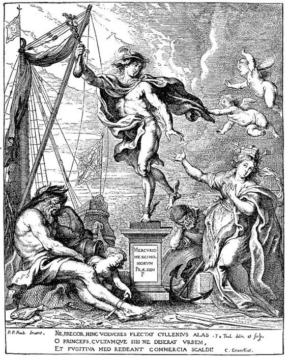 Framed Print : Historic drawing, allegory for the decline of the city of Antwerp in the 17th century