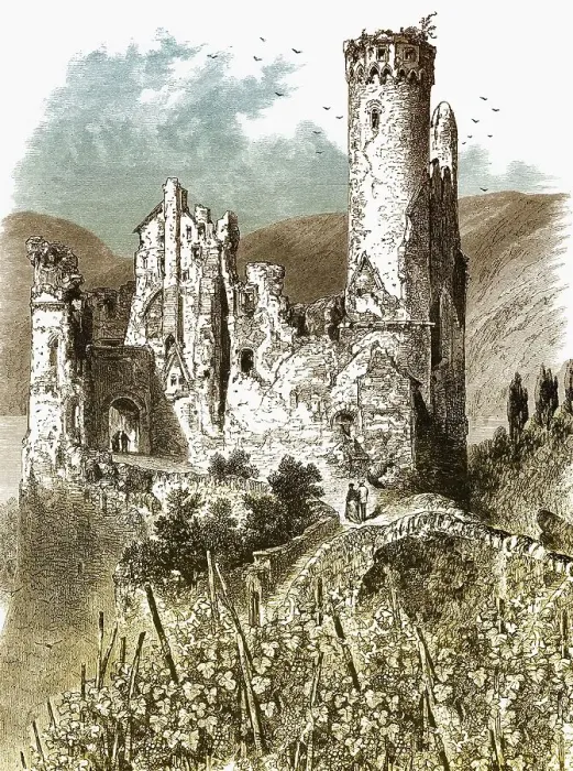 Framed Print : Historic drawing, Burg Ehrenfels castle ruins