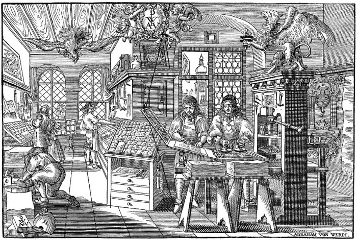 Framed Print : Historic drawing, a Dutch book printing office in the 17th century
