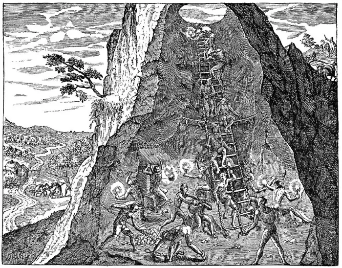 Framed Print : Historic drawing, a gold mine of Native Americans in America