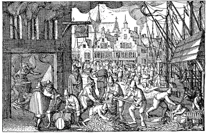 Framed Print : Historic drawing, illustration of salting and packing of herrings in Amsterdam in the 16th century