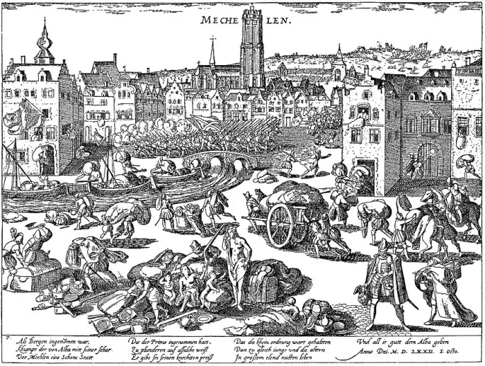Framed Print : Historic drawing, the looting of Mechelen by the Spaniards on 1st October 1572