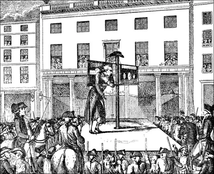 Framed Print : Historic drawing, man standing in the pillory
