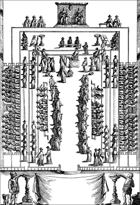 Framed Print : Historic drawing, model of the vote in the British Parliament after the book The Commonwealth of Oceana