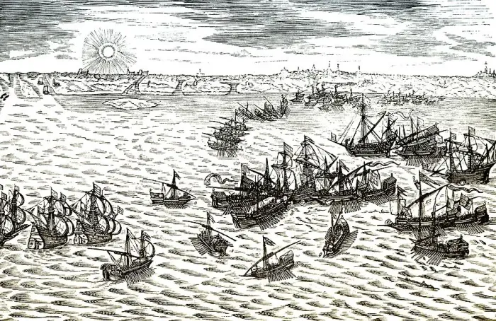 Framed Print : Historic drawing, naval battle between the Netherlands and Spain during the Eighty Years War