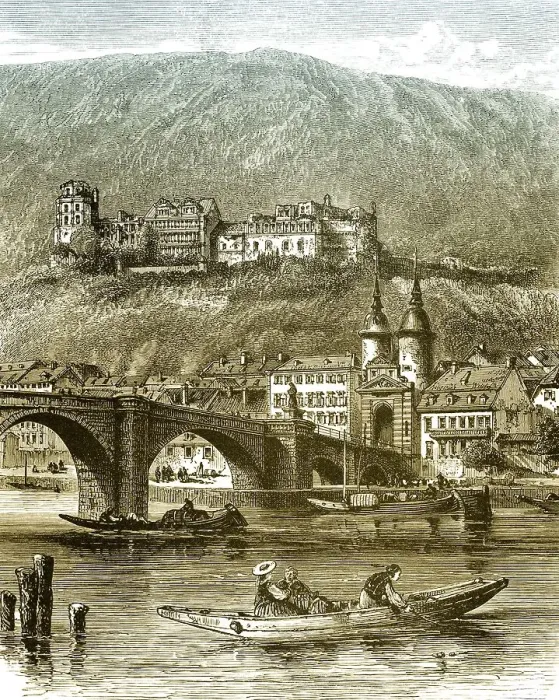 Framed Print : Historic drawing, Neckar river with the Karl-Theodor Bridge or Old Bridge and Castle