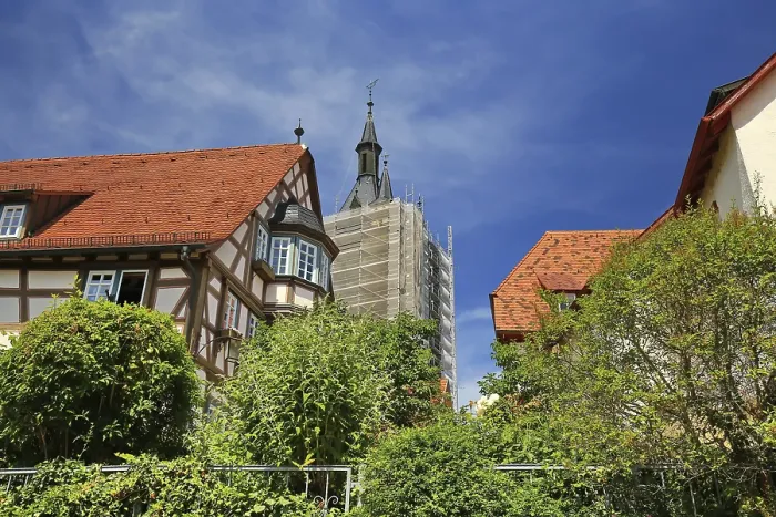 Framed Print : Historic half-timbered houses with views of the Blue Tower