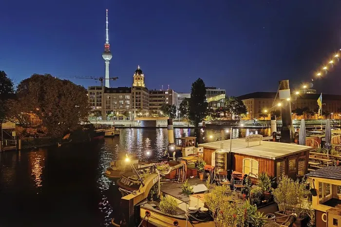 Framed Print : Historic harbour with museum ships and television tower in the blue hour