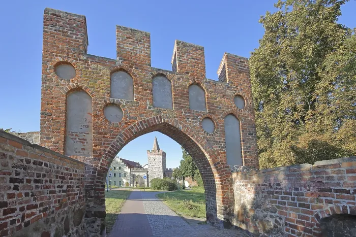 Framed Print : Historic Heath Gate with town wall and building with stepped gable
