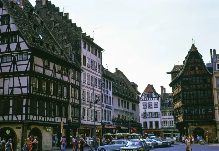 Framed Print : Historic medieval half-timbered buildings on the Place de la Cathedrale, city centre of Strasbourg, Alsace, France 1974 Framed Print : Historic medieval half-timbered buildings on the Place de la Cathedrale, city centre of Strasbourg, Alsace, France 1974