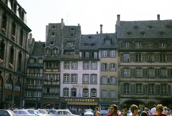 Framed Print : Historic medieval half-timbered buildings on the Place de la Cathedrale, city centre of Strasbourg, Alsace, France 1974 Framed Print : Historic medieval half-timbered buildings on the Place de la Cathedrale, city centre of Strasbourg, Alsace, France 1974