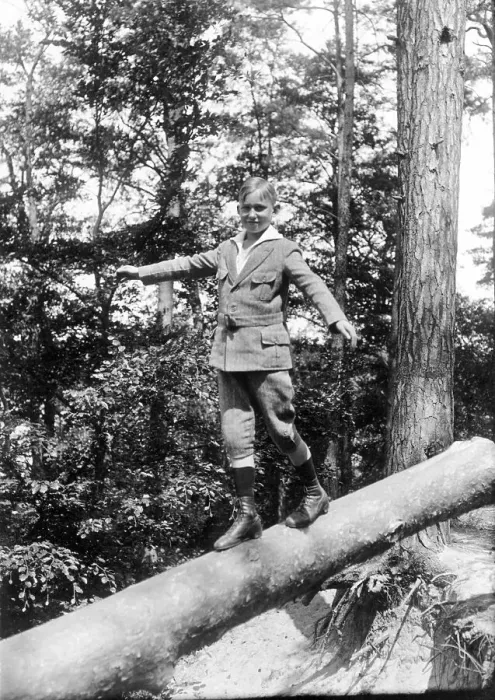 Framed Print : Historic photo, boy balancing on tree trunk Framed Print : Historic photo, boy balancing on tree trunk