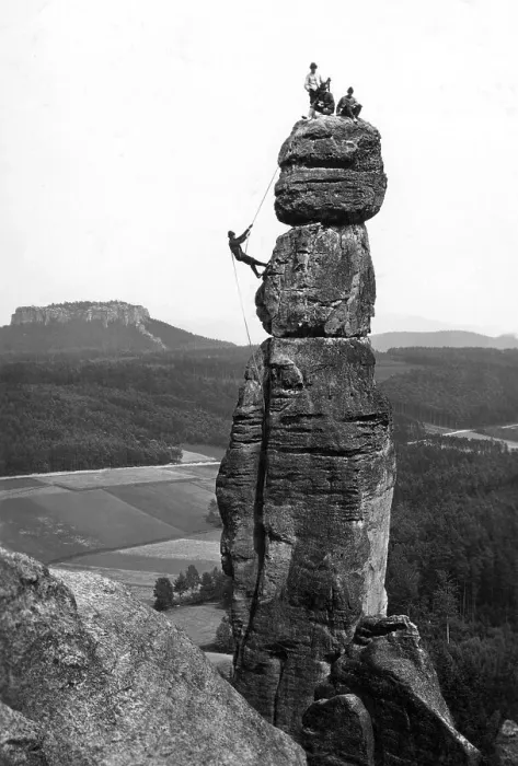Framed Print : Historic photo, climbers on the free-standing rock formation Barbarine Framed Print : Historic photo, climbers on the free-standing rock formation Barbarine