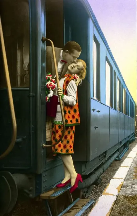 Framed Print : Historic photo, couple saying goodbye to each other at the train station